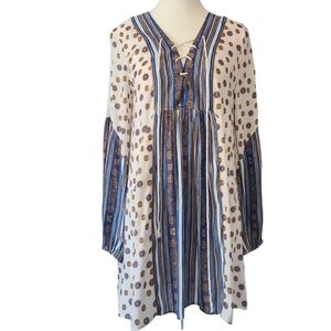 Free People Rain or Shine Lace Up Ivory baby doll dress w/pockets (PTP 18.5 in)